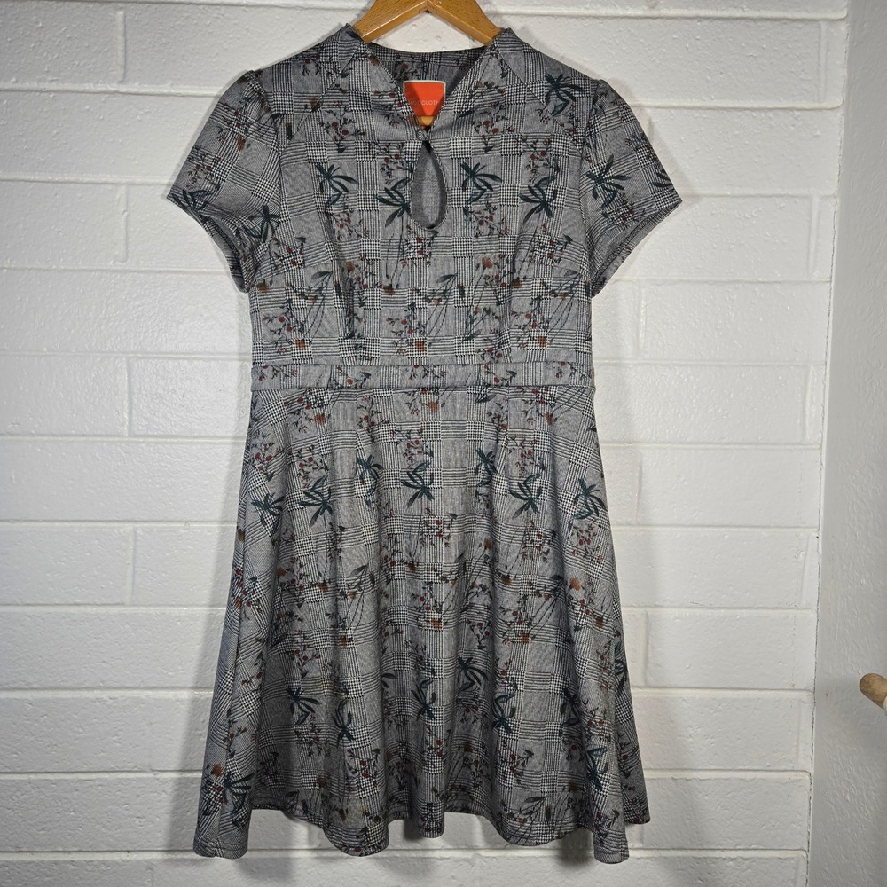 ModCloth Plaid Floral Fit Flare Dress Large Glen Check Keyhole Retro‎ Inspired